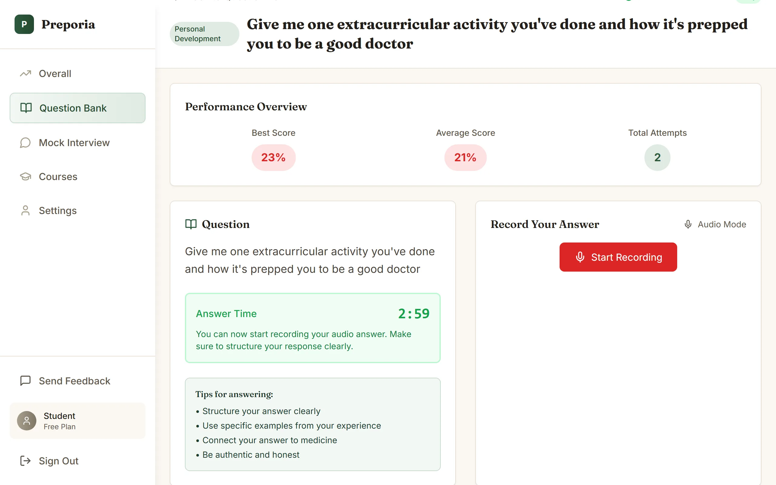Preporia practice screen: an MMI question with answer timer, tips, and recording controls